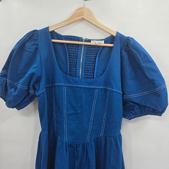 Moon River Blue Heavy Denim Corset Style Puff Sleeve Renaissance Maxi Dress M - Picture 9 of 13